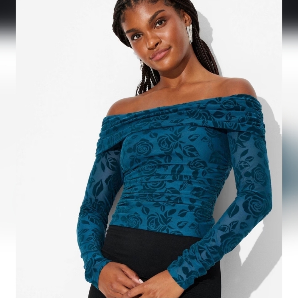 Women's Long Sleeve Ruched Off the Shoulder Top - Wild Fable Dark Teal Green XXS